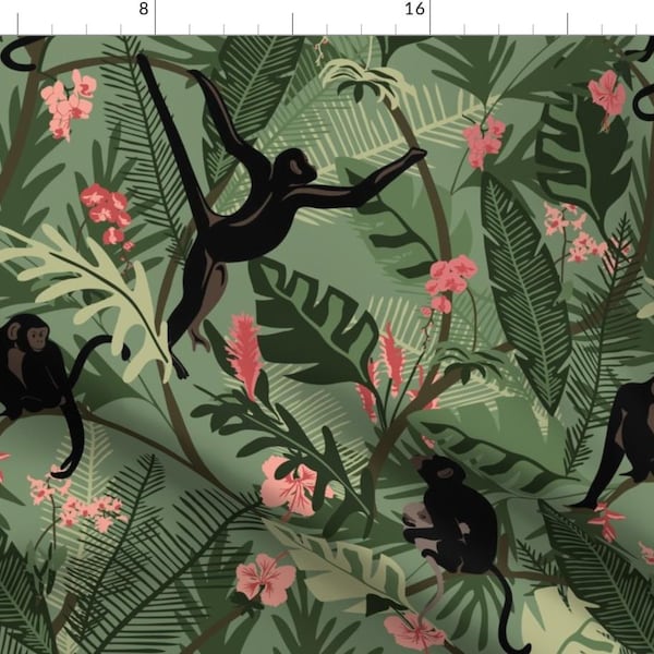 Animalier Tropical Monkeys Fabric - Monkeys - Green - Large By Fernlesliestudio - Animalier Cotton Fabric By The Yard With Spoonflower