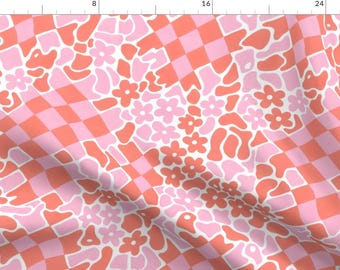 Vintage Orange Pink Fabric - Retro Abstract Checks by cj_southern - Bright Floral Abstract Hippie Y2k Fabric by the Yard by Spoonflower