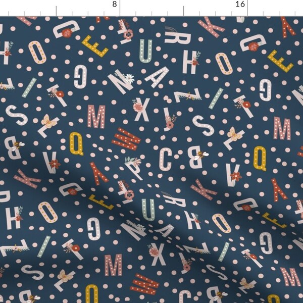 Tossed Letters Fabric - Scattered Alphabet  by kim_henrie - Back To School Navy Polka Dots Polkadot Boho Fabric by the Yard by Spoonflower