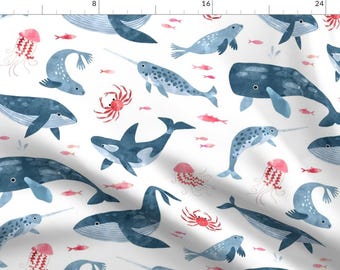 Nautical Fabric - Whales In Watercolors On White Large By Heleen Vd Thillart - Whales Jellyfish Cotton Fabric By The Yard With Spoonflower