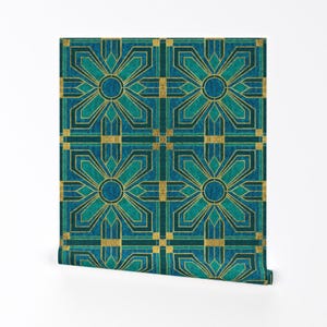 Floral Tiles Removable Peel and Stick Wallpaper - Teal Blue Faux Gold Turquoise - Wall Art Wall Decor - Art Deco Tile by mel_fischer