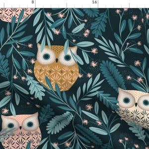 Nocturnal Animals Fabric - Nocturnal Animals By Garabateo - Teal Owl Birds Leaves Woodland Forest Cotton Fabric By The Yard With Spoonflower