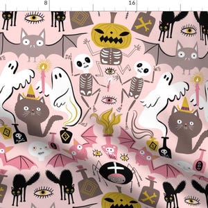 Halloween Fabric - Fluffy Cats + Scary Ghosts Halloween By Miraparadies - Halloween Pink Blush Cotton Fabric By The Yard With Spoonflower