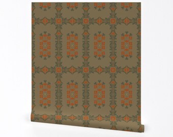 Vintage behang - Floral Nouveau door muhlenkott - Art Nouveau Brown Klaprozen Edwardiaanse verwijderbare Peel en Stick Wallpaper door Spoonflower