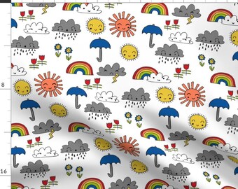 Whimsical Weather Fabric - Weather Rainbow Clouds Sunshine Kids Fabric Blue By Andrea Lauren - Cotton Fabric by the Yard with Spoonflower