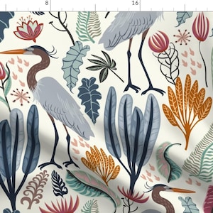 Elegant Heron Fabric - Heron And Plants by nina_leth - Jungle Foliage Wildflower Marsh Crane Meadow Fabric by the Yard by Spoonflower