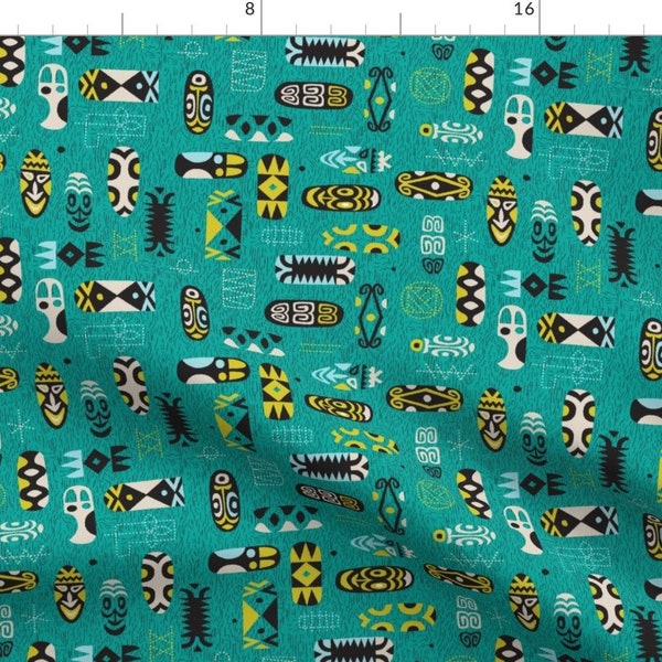Tiki Fabric - Midcentury Modern Teal Polynesia Micronesia Turquoise New Guinea 1c By Muhlenkott - Cotton Fabric By The Yard With Spoonflower
