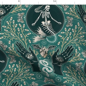 Gothic Fabric - Mermaid Skeleton Large by misentangledvision -  Witchy Skeleton Fantasy Anatomy Hands Bat Fabric by the Yard by Spoonflower