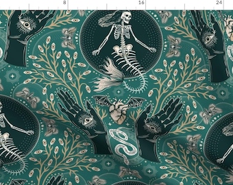 Gothic Fabric - Mermaid Skeleton Large by misentangledvision -  Witchy Skeleton Fantasy Anatomy Hands Bat Fabric by the Yard by Spoonflower
