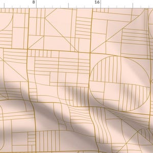 May include: A seamless pattern featuring a geometric design with overlapping circles and squares in gold on a light pink background.