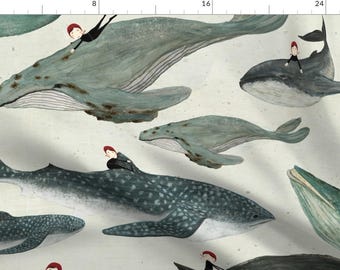Whales Fabric - Tara The Whale Rider Large by katherine_quinn - Diving Whale Rider Sea Life Swim Fabric by the Yard by Spoonflower