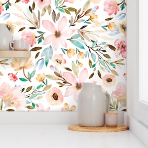 Floral Wallpaper - Mae Floral Small by indybloomdesign - Watercolor Garden Botanical Removable Peel and Stick Wallpaper by Spoonflower
