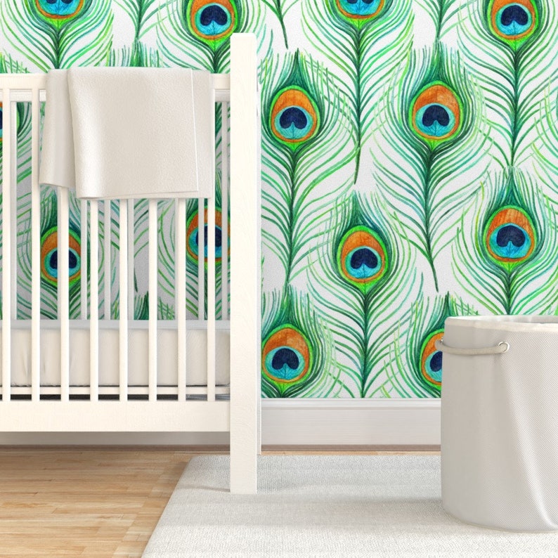 Peacock Wallpaper Emerald Watercolor Peacock Feathers on | Etsy