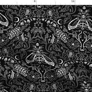 Bugs Fabric - Little Dark Kingdom By Olgasoi007 - Black White Skull Wings Plants Floral Botanical Cotton Fabric By The Yard With Spoonflower