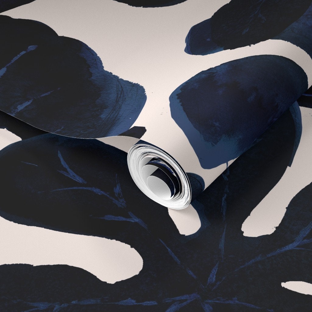 Navy Jungle Wallpaper Tropical Leaves Midnight by Crystal Etsy