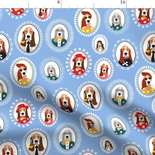 Basset Hound Fabric - Basset Family Portraits Blue By Overbye - Basset Hound Pet Dog Animal Cotton Fabric By The Yard With Spoonflower