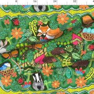 May include: A green fabric with a whimsical woodland scene. The fabric features a fox, a badger, a rabbit, hedgehogs, butterflies, birds, ladybugs, and flowers. The fabric is perfect for crafting projects, quilting, and home decor.
