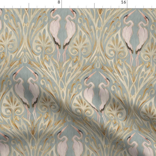 Art Nouveau Fabric - Art Nouveau Cranes by taranealart - Herons Egrets Elegant Traditional Whooping Crane Fabric by the Yard by Spoonflower
