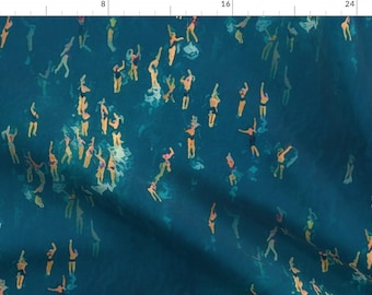 May include: A teal blue background with a repeating pattern of swimmers in various poses. The swimmers are depicted in shades of yellow, orange, and pink.