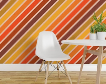 1970s Wallpaper - Retro Diagonal Stripes By Yesterdaycollection - Orange Red Brown Removable Self Adhesive Wallpaper Roll by Spoonflower
