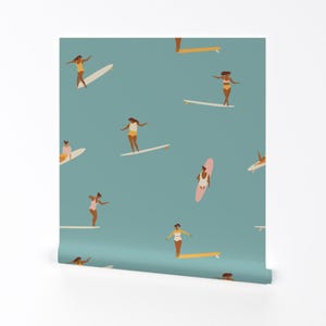 Surfing Wallpaper - Surf Goddes By Tasiania - Aqua Pink Brown Nautical Custom Printed Removable Self Adhesive Wallpaper Roll by Spoonflower