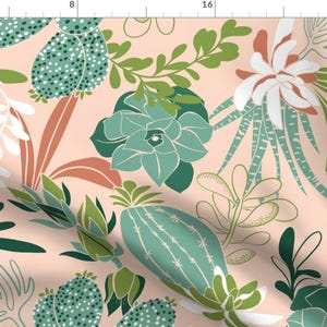 May include: A seamless pattern featuring a variety of green and white succulents and cacti on a light pink background. The pattern is perfect for fabric, wallpaper, or wrapping paper.
