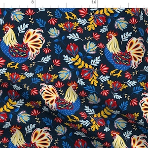 Floral Blue And Red French Rooster Fabric - French Rooster By Lapetitelecour - French Rooster Cotton Fabric By The Yard With Spoonflower