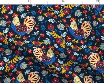 Floral Blue And Red French Rooster Fabric - French Rooster By Lapetitelecour - French Rooster Cotton Fabric By The Yard With Spoonflower