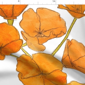 May include: A seamless pattern featuring orange poppy flowers with yellow stems on a white background. The flowers are drawn in a watercolour style with a slightly textured look.