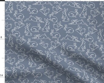 Bunnies on Gray Blue Fabric - One Line Hops Slate By Lostinwonderland - White Easter Bunnies Cotton Fabric By The Yard With Spoonflower