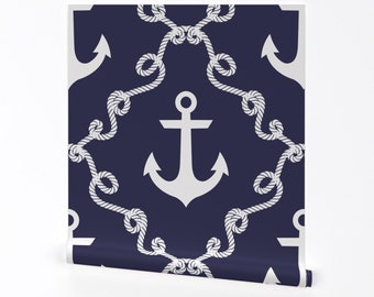 Nautical Anchors Wallpaper - Anchor Damask Navy By Mjmstudio - Beach Custom Printed Removable Self Adhesive Wallpaper Roll by Spoonflower