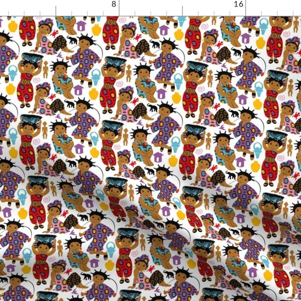 Village Girls Fabric - African Girls By Cassiopee - Bold Colorful World Travel Cultural Africa Cotton Fabric By The Yard With Spoonflower