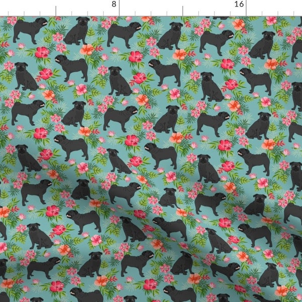 Hawaiian Pugs Fabric - Black Pug Hawaiian Fabric By Petfriendly- Tropical Hawaiian Summer Dog Cotton Fabric By The Yard With Spoonflower