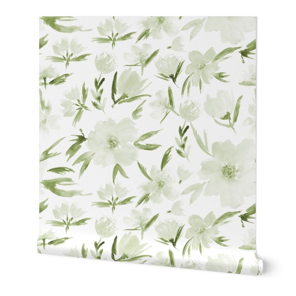 Green Floral Wallpaper Olive Green Spring By Katerinaizotova Etsy
