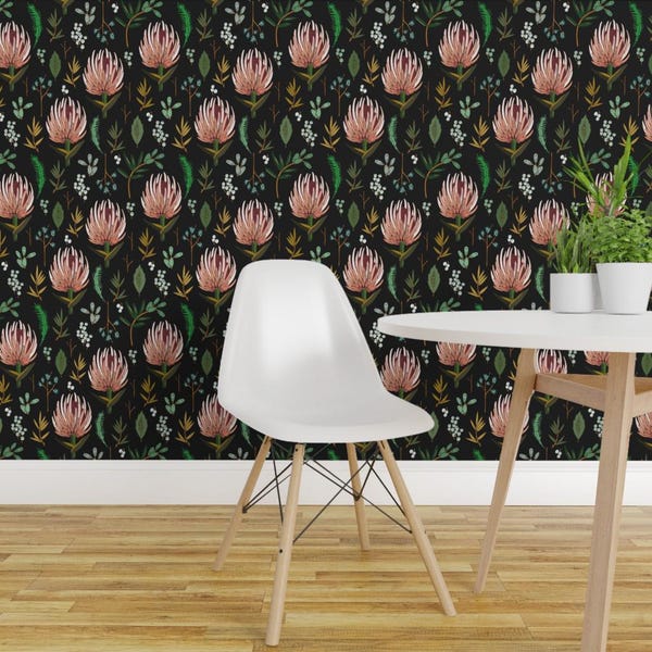 Floral Wallpaper - Floral Study Dark Large By Holli Zollinger - Black Custom Printed Removable Self Adhesive Wallpaper Roll by Spoonflower