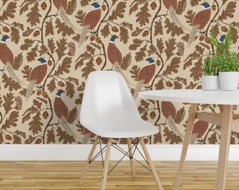 Cabincore Peel and Stick Wallpaper - Oak Leaves Acorns Game Bird Pheasants Oak - Removable Wall Decor Art - Heritage Pheasants by kim_morrow