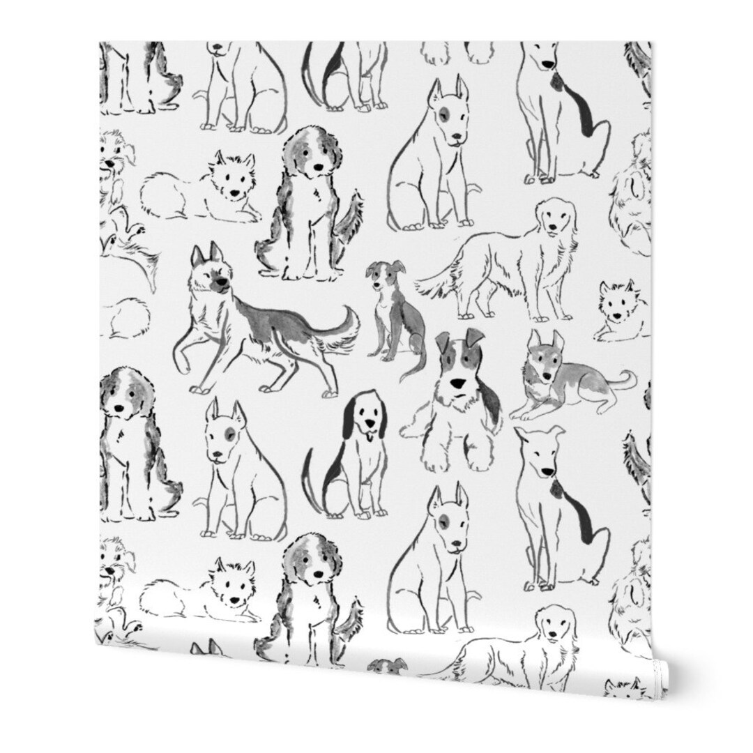Dog Print Wallpaper Black and White Dogs by Carolinedoodles Etsy