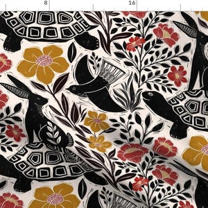Folk Art Animals Fabric - Tortoise And Hare by shellypenko - Floral Garden Turtle Rabbit Bird Tortoise Fabric by the Yard by Spoonflower