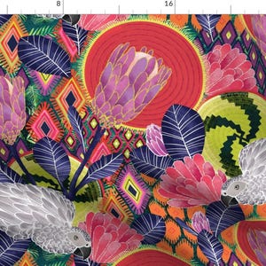 African Art Fabric - African Protea by michaelzindell - Maximalist Bright Jungle African Gray Parrot  Fabric by the Yard by Spoonflower