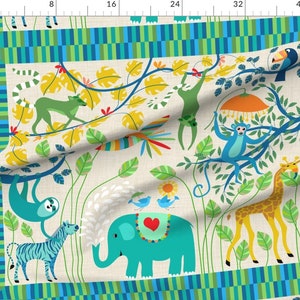 May include: A colorful fabric featuring a jungle scene with animals like a giraffe, elephant, zebra, monkey, sloth, and toucan. The fabric has a beige background with green, blue, and yellow accents.