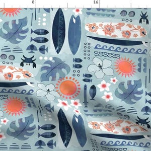 May include: A blue and white patterned fabric with a tropical theme. The pattern includes surfboards, fish, flowers, and palm leaves.