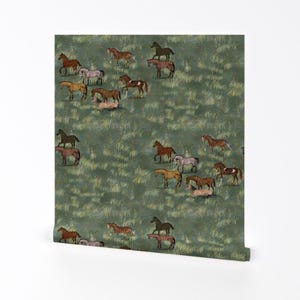Papel pintado de caballos - Elegantes caballos en un prado de Eclectic House - Rollo de papel pintado adhesivo removible con impresión personalizada de caballos de Spoonflower