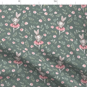 Woodland Bunny Green Fabric - Pink Bunny Olive By Ktscarlett - Ballet Bunny Girls Easter Rabbit Cotton Fabric By The Yard With Spoonflower