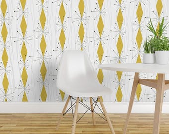 Atomic Wallpaper - 60s By Themadcraftduckie - Atomic Geo Yellow Groovy Custom Printed Removable Self Adhesive Wallpaper Roll by Spoonflower