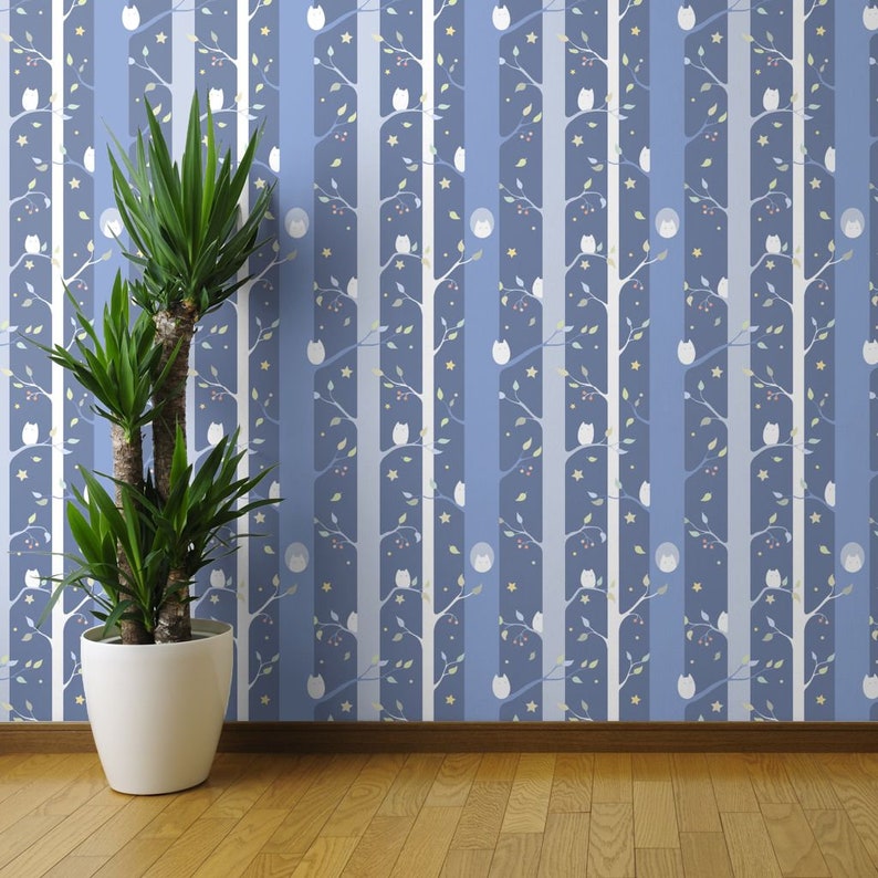 By Elena Naylor Owls Wallpaper Owl Forest Night Gender Neutral Custom Printed Removable Self Adhesive Wallpaper Roll by Spoonflower