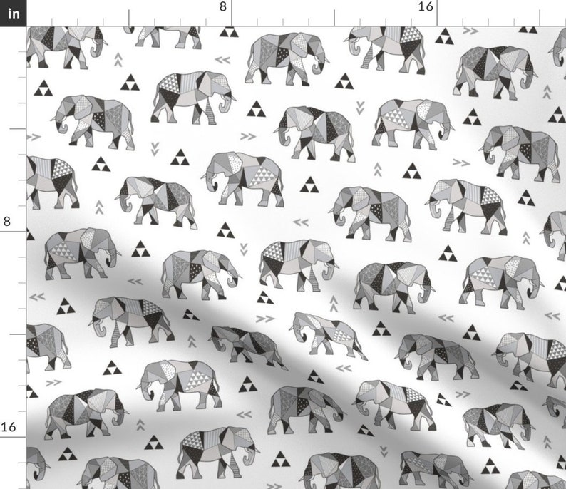 Elephant Fabric Elephants Geometric With Triangles Black Etsy