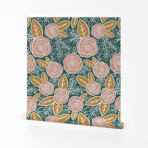 Floral Wallpaper - Pink Roses Mustard Yellow By New Branch Studio - Custom Printed Removable Self Adhesive Wallpaper Roll by Spoonflower