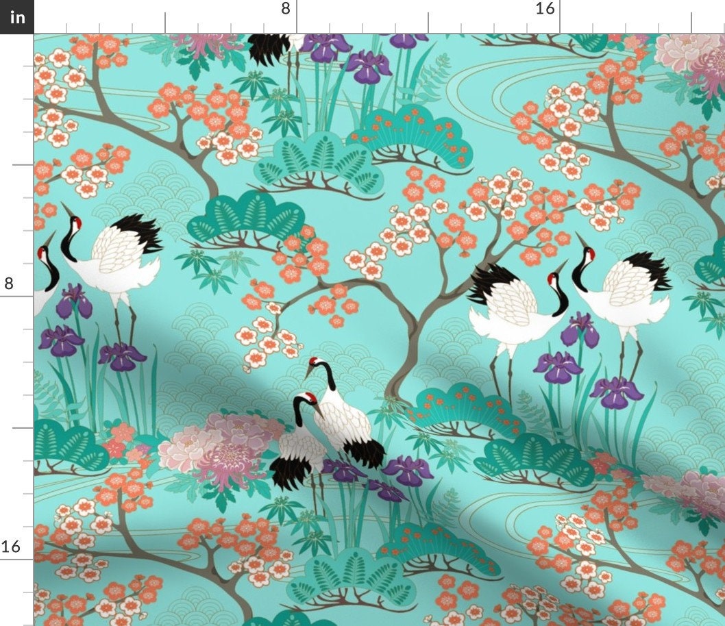 Japanese Garden Fabric Japanese Garden Teal Final By Etsy