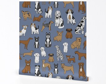 Dog Wallpaper - Mini - Happy Dogs By Andrea Lauren - Blue Brown Kids Pets Vet Breeds Removable Self Adhesive Wallpaper Roll by Spoonflower