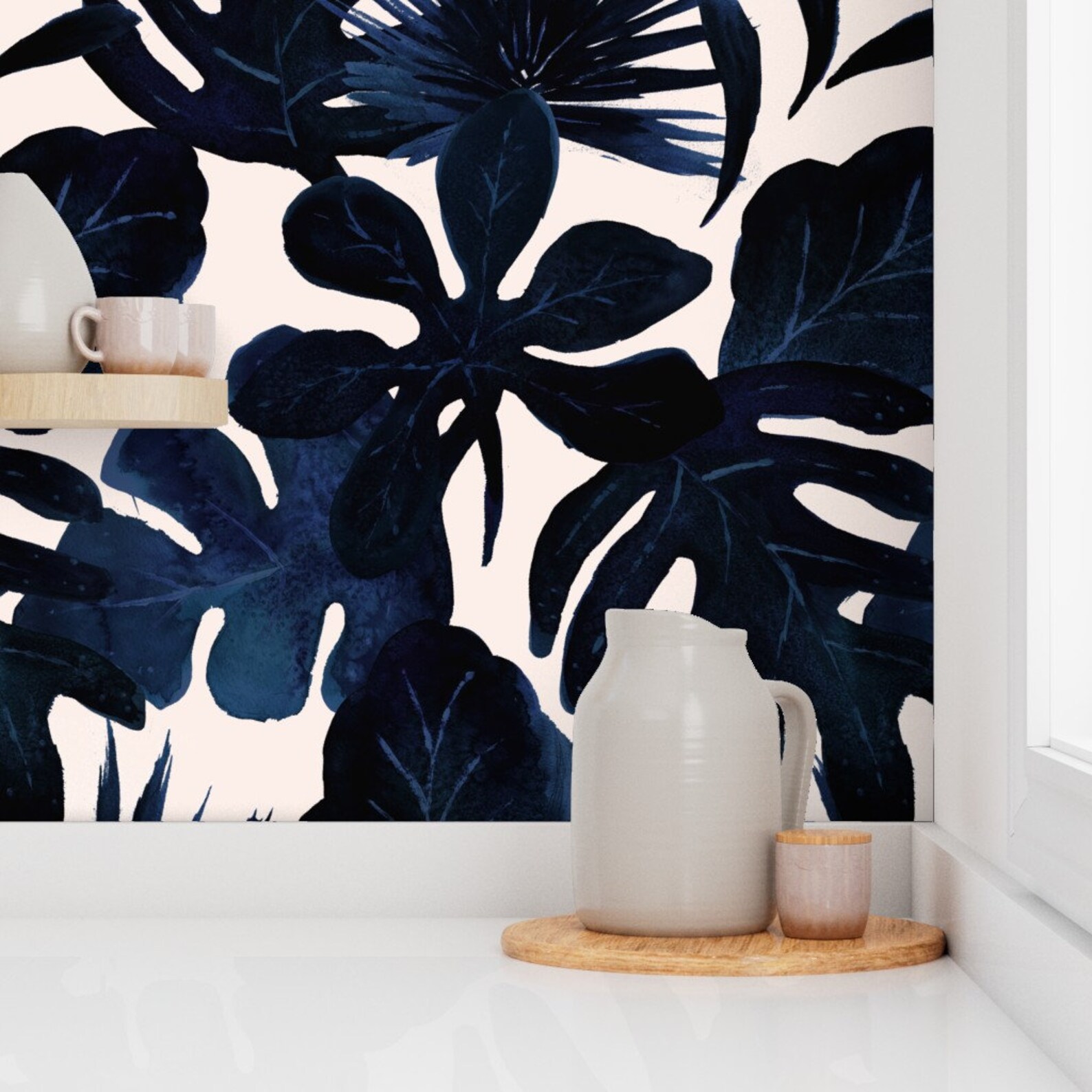 Navy Jungle Wallpaper Tropical Leaves Midnight by Crystal Etsy